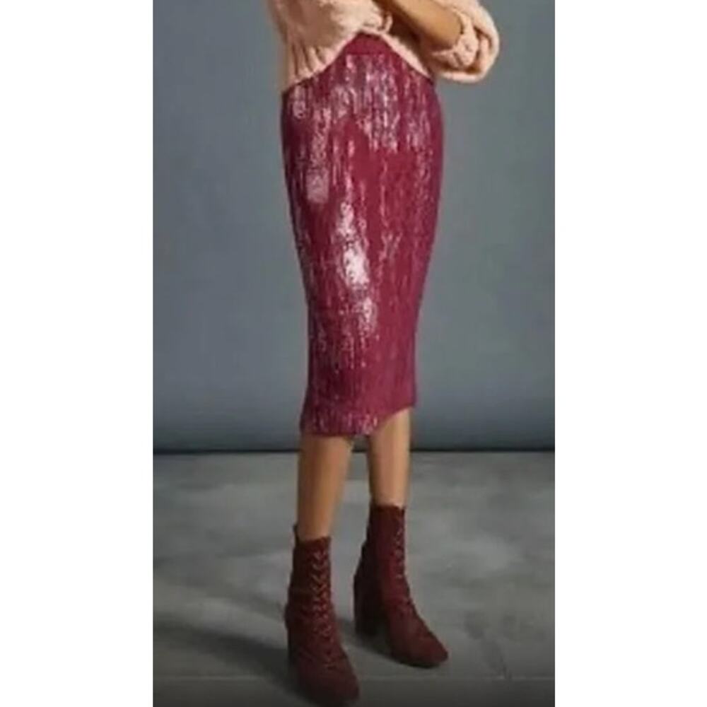 NEW ANTHROPOLOGIE SKIRT KNIT BURGUNDY RED METALLIC FESTIVE PARTY WOOL ALPACA - Picture 2 of 13